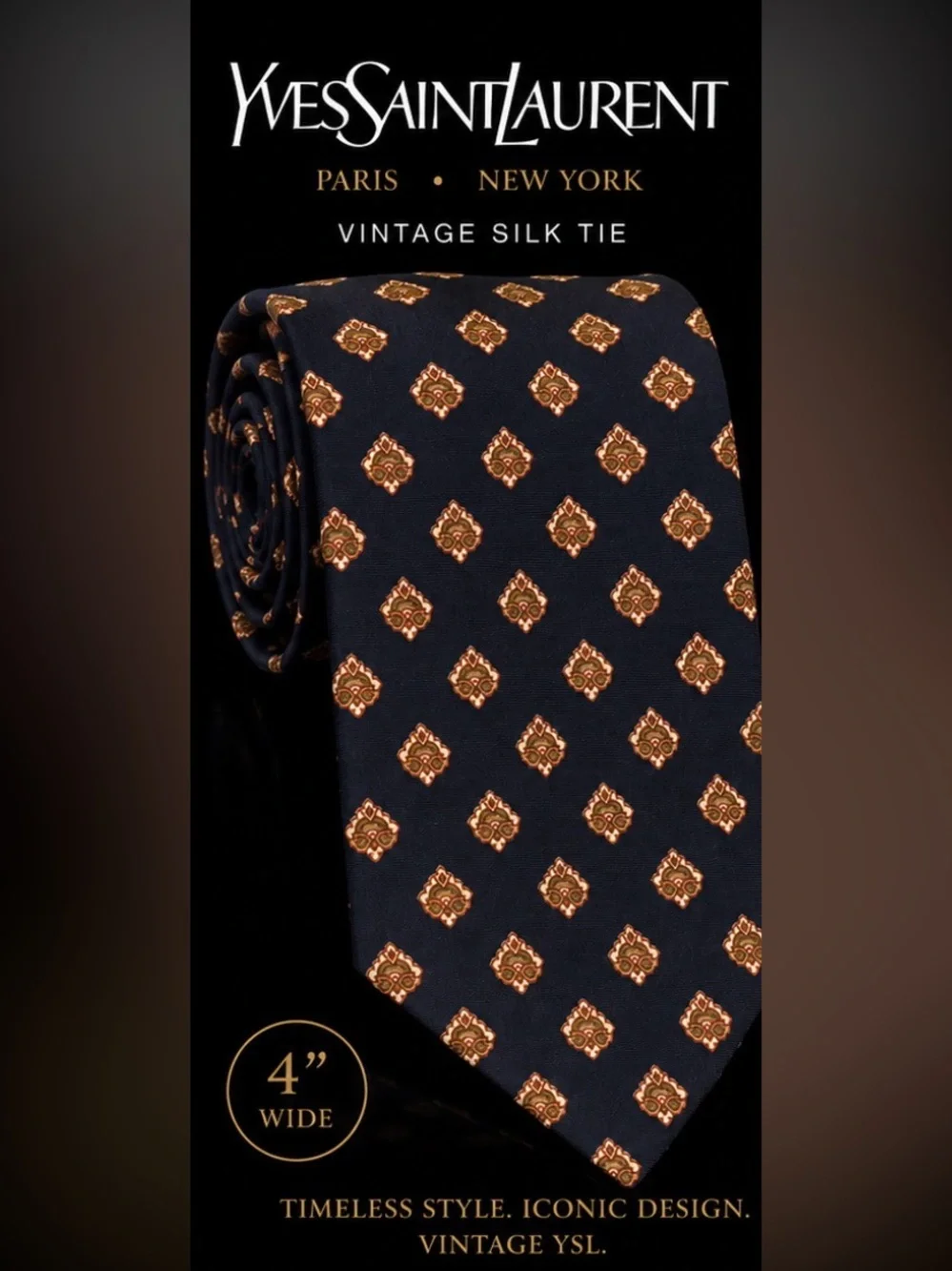 YSL Vintage Silk Deep Navy with Wine, Gold & Cream Medallion Pattern Approx. 4”